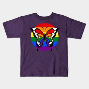 Button Rainbow Flag Stripes Butterfly Silhouette Kids T-Shirt